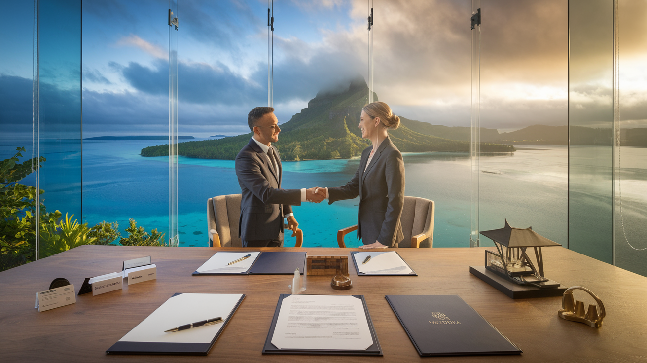Poignée de main professionnelle lors de la signature d'un contrat de fonds de commerce avec vue sur Moorea depuis un bureau vitré à Tahiti