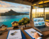 Bureau d'agent immobilier avec vue sur Moorea et documents de vente immobilière à Tahiti