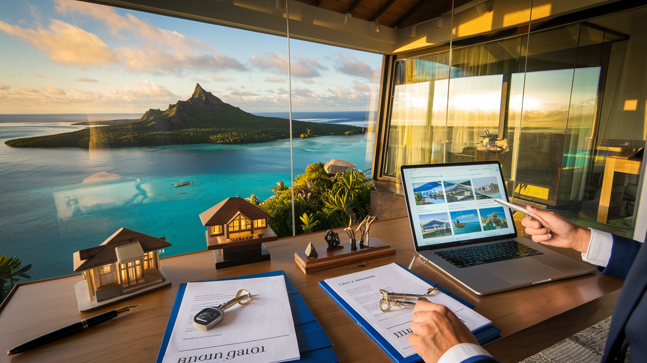 Bureau d'agent immobilier avec vue sur Moorea et documents de vente immobilière à Tahiti