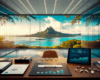 Bureau d'agence immobilière avec vue sur Moorea illustrant les tendances du marché immobilier tahitien en 2025