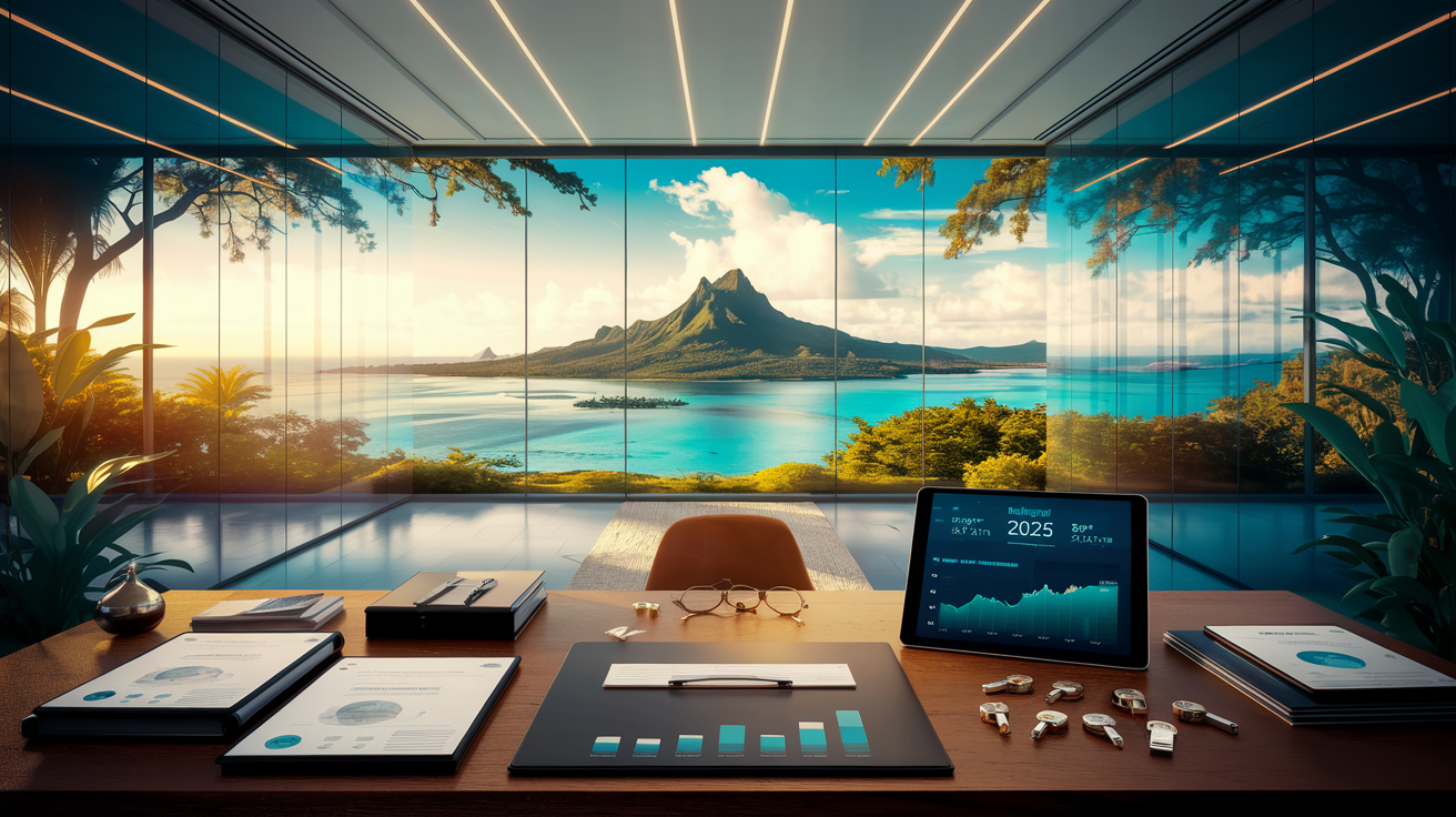 Bureau d'agence immobilière avec vue sur Moorea illustrant les tendances du marché immobilier tahitien en 2025