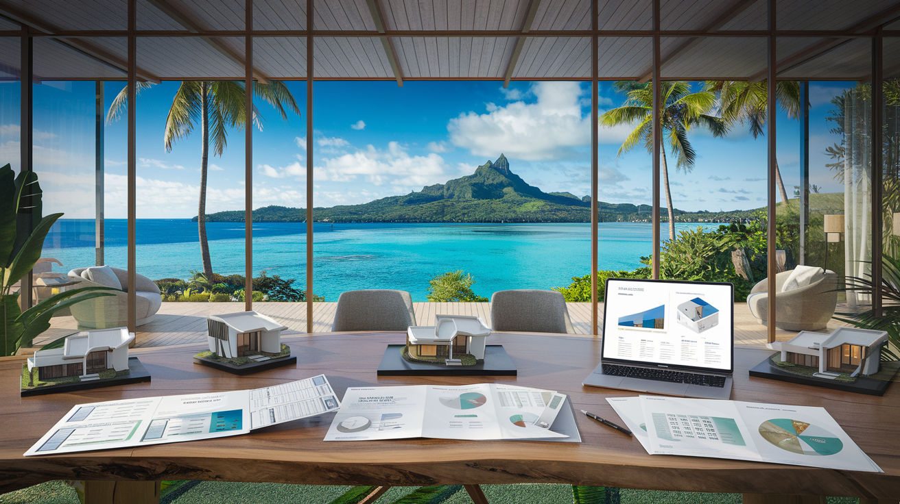 Bureau d'agence immobilière avec vue sur Moorea et documents d'investissement locatif en Polynésie française