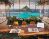 Bureau d'agence immobilière moderne avec baies vitrées donnant sur l'île de Moorea et le lagon de Tahiti, table avec documents immobiliers et graphiques d'investissement