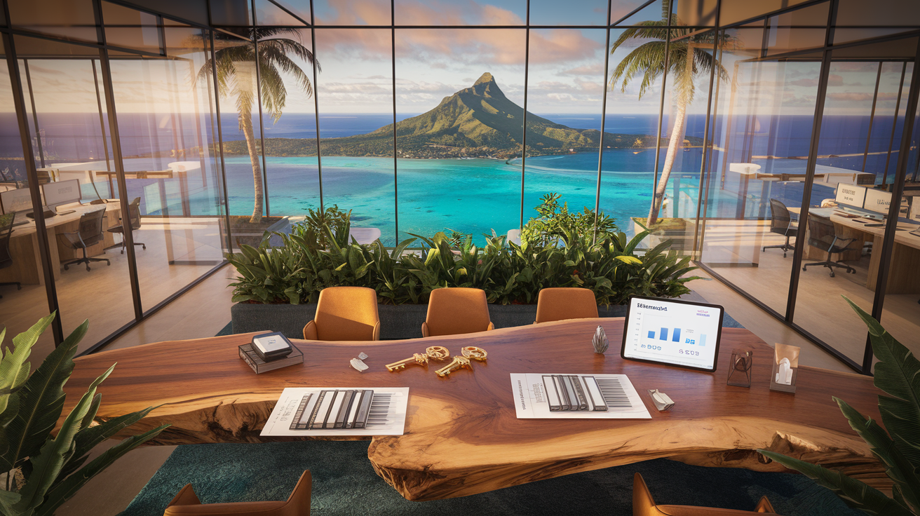 Bureau d'agence immobilière moderne avec baies vitrées donnant sur l'île de Moorea et le lagon de Tahiti, table avec documents immobiliers et graphiques d'investissement