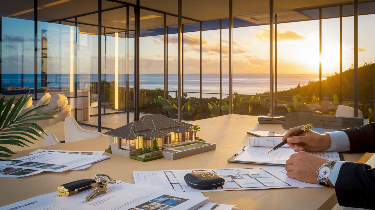 Bureau d'agence immobilière avec vue sur l'île de Moorea, table avec documents immobiliers, maquette de villa et mains d'agent immobilier conseillant un client