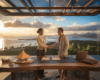 Bureau d'agence immobilière vitré avec vue sur Moorea, poignée de main professionnelle au-dessus de documents immobiliers sur table en bois tropical