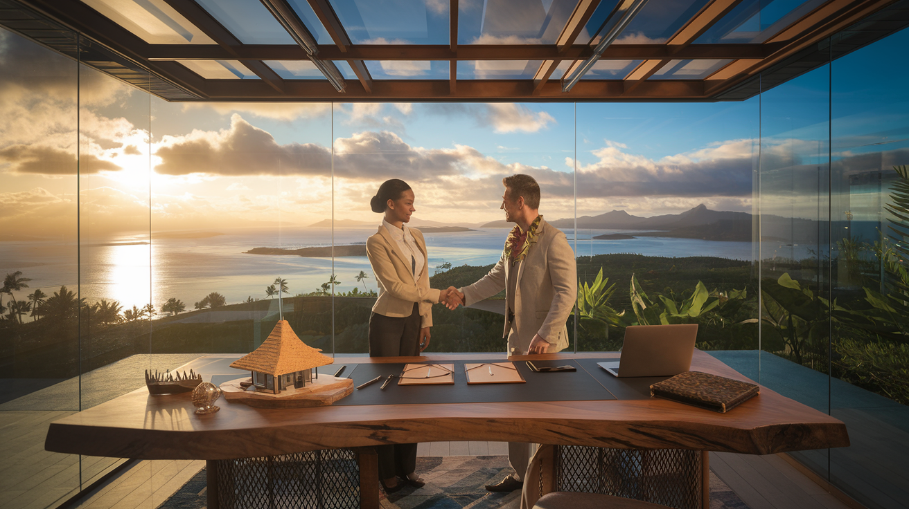 Bureau d'agence immobilière vitré avec vue sur Moorea, poignée de main professionnelle au-dessus de documents immobiliers sur table en bois tropical
