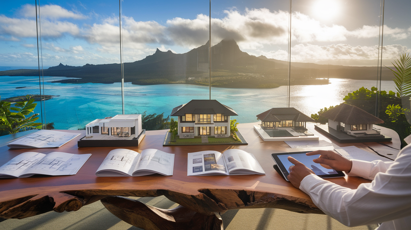 Bureau d'agence immobilière à Tahiti avec documents et maquettes de différents types de biens, vue panoramique sur Moorea en arrière-plan