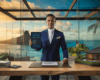 Expert immobilier tahitien consultant des données d'estimation sur tablette dans bureau vitré avec vue sur Moorea