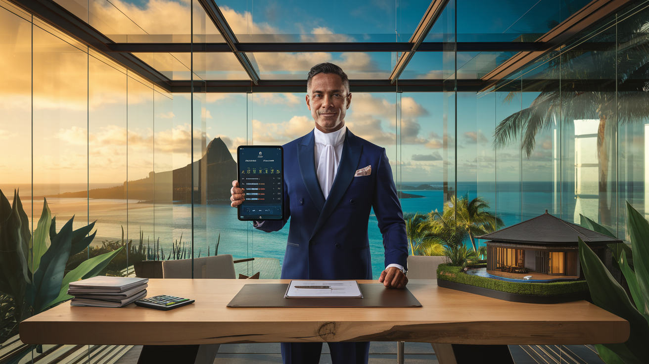 Expert immobilier tahitien consultant des données d'estimation sur tablette dans bureau vitré avec vue sur Moorea