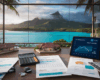 Bureau d'agence immobilière avec documents de financement immobilier et vue sur Moorea à Tahiti