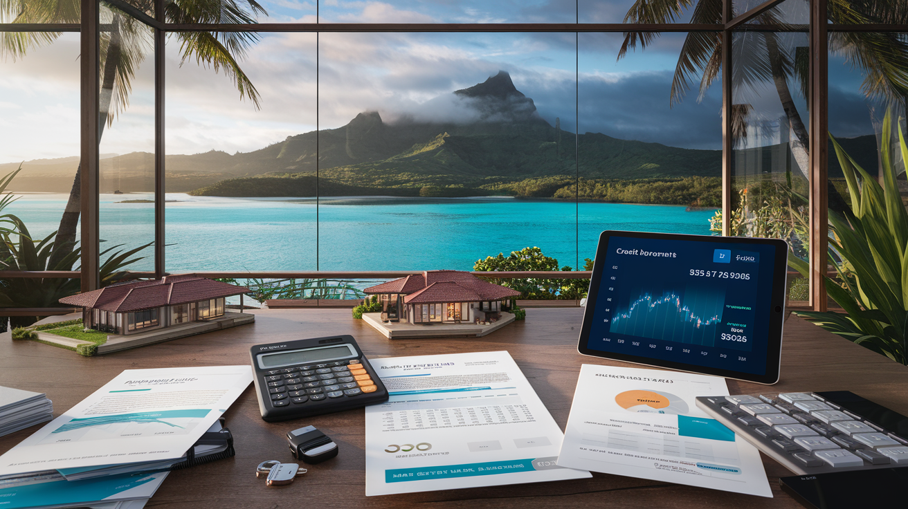 Bureau d'agence immobilière avec documents de financement immobilier et vue sur Moorea à Tahiti
