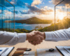 Poignée de main professionnelle dans un bureau à Tahiti avec vue sur Moorea, documents de gestion locative et clés de propriété sur le bureau