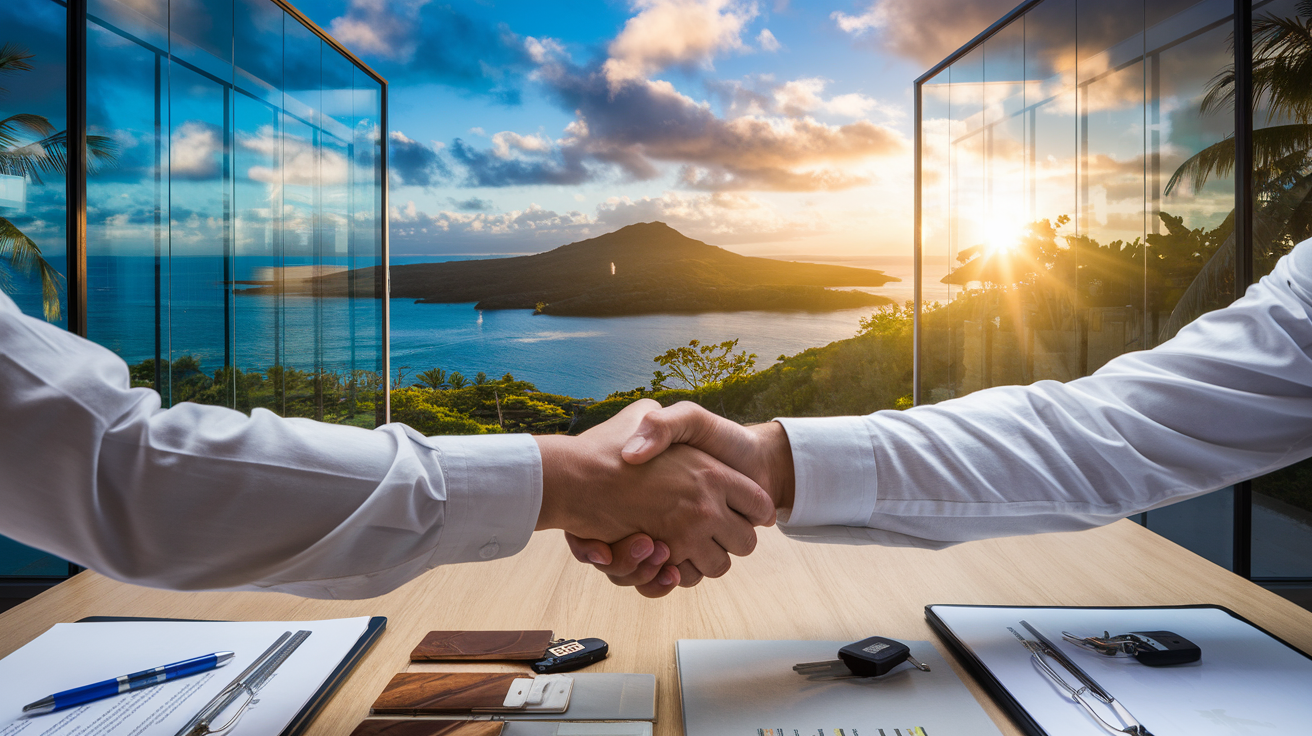 Poignée de main professionnelle dans un bureau à Tahiti avec vue sur Moorea, documents de gestion locative et clés de propriété sur le bureau