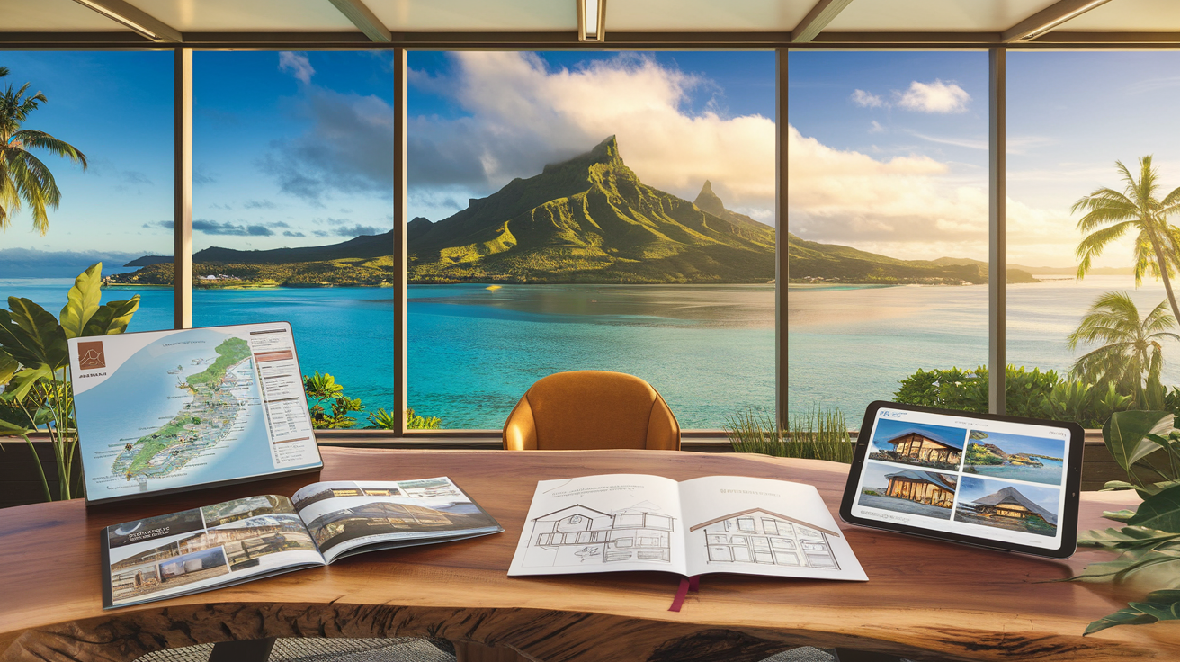 Bureau d'agence immobilière avec carte de Tahiti marquant les quartiers résidentiels et vue panoramique sur l'île de Moorea à travers de grandes baies vitrées