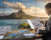 Bureau d'affaires avec vue sur Moorea où un investisseur étudie des documents immobiliers tahitiens