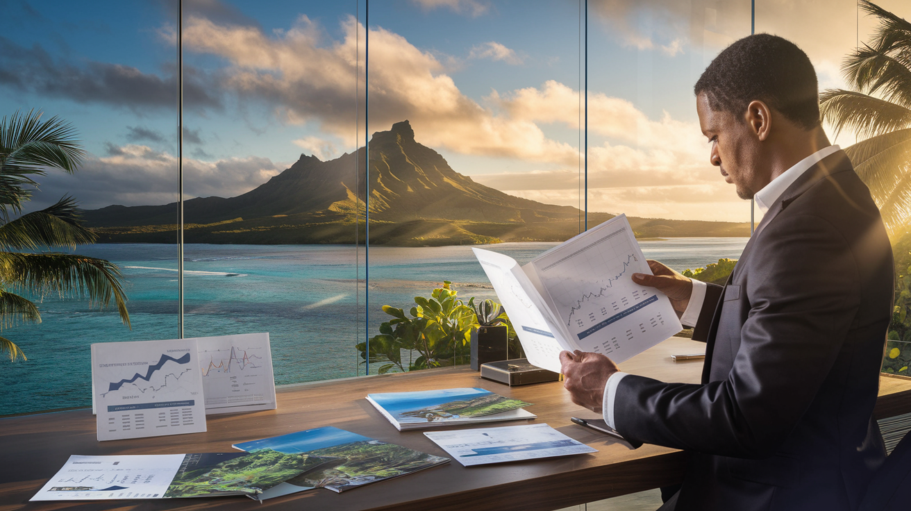 Bureau d'affaires avec vue sur Moorea où un investisseur étudie des documents immobiliers tahitiens