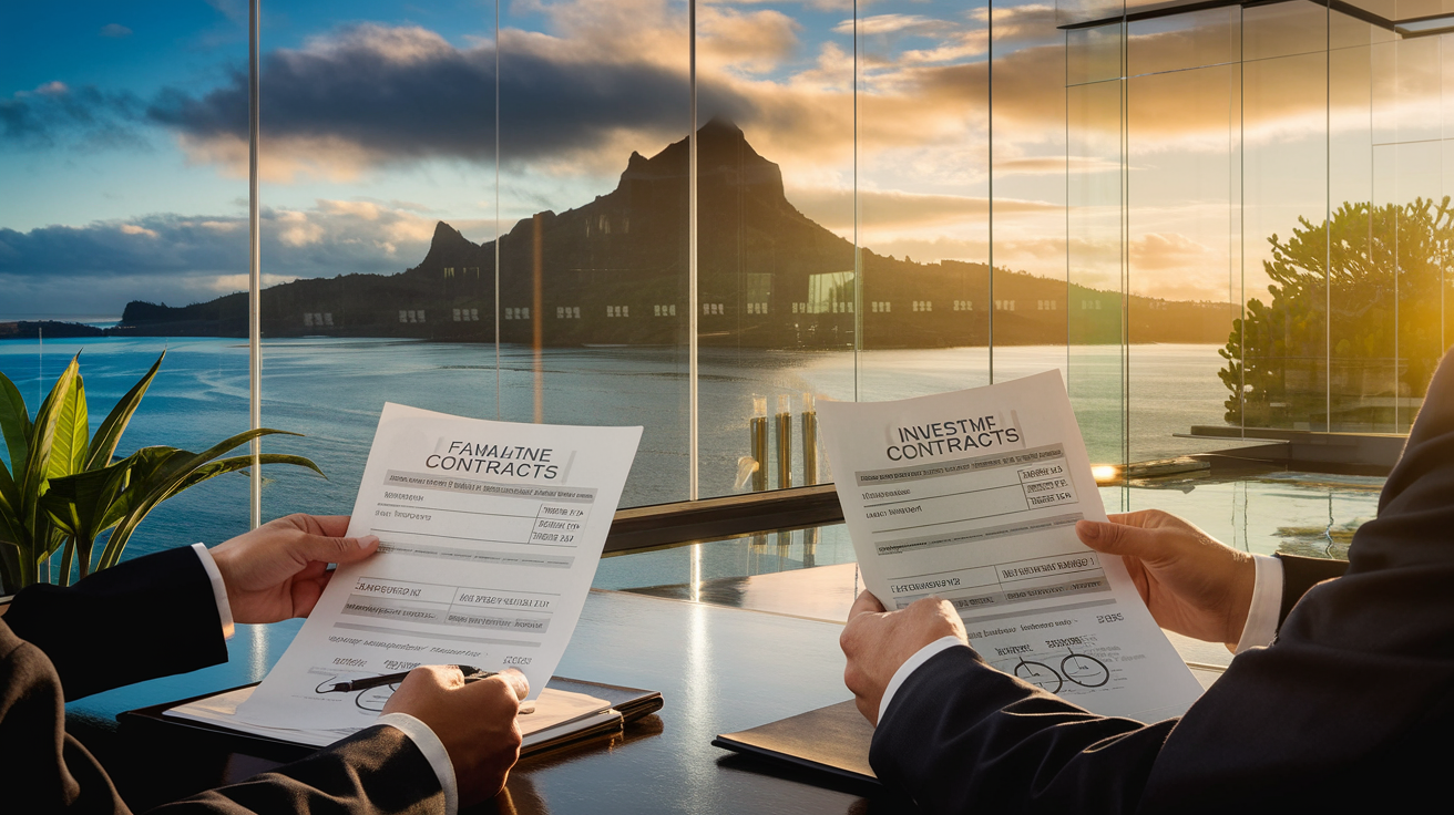 Bureau vitré avec vue sur Moorea où des mains professionnelles examinent des documents fiscaux d'investissement immobilier polynésien