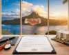 Poignée de main professionnelle lors de la signature d'un contrat de location dans un bureau vitré avec vue sur l'île de Moorea à Tahiti