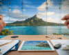 Poignée de main professionnelle dans un bureau d'agence immobilière à Tahiti avec vue sur Moorea, illustrant les stratégies de vente immobilière en Polynésie française