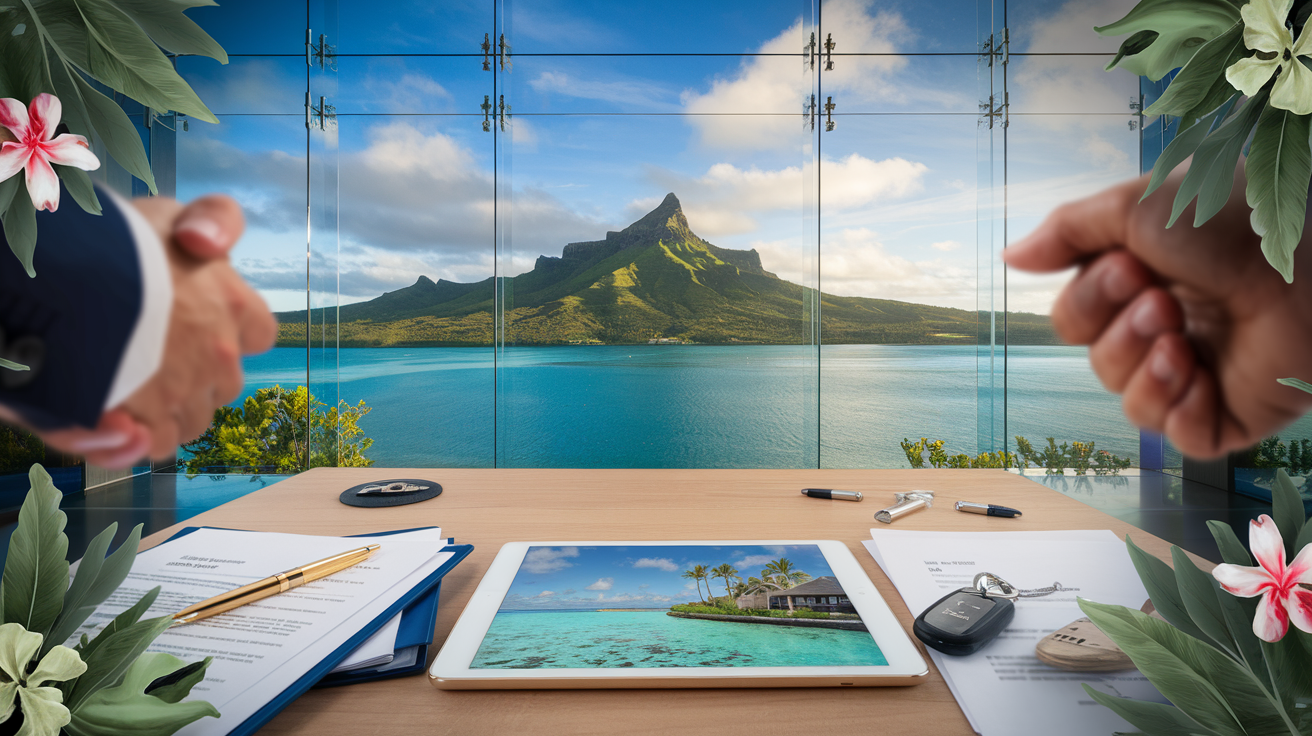Poignée de main professionnelle dans un bureau d'agence immobilière à Tahiti avec vue sur Moorea, illustrant les stratégies de vente immobilière en Polynésie française