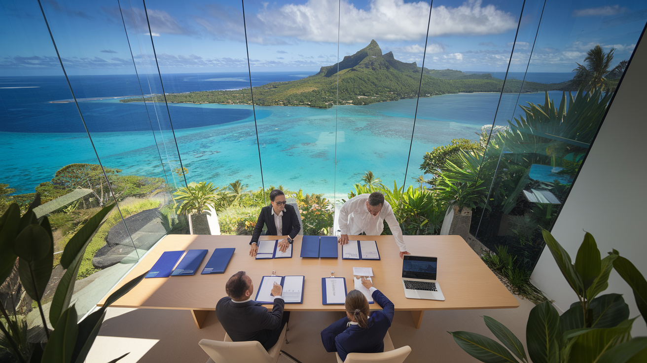 Bureau d'agence immobilière à Tahiti avec vue sur Moorea - consultation de documents immobiliers par des experts professionnels
